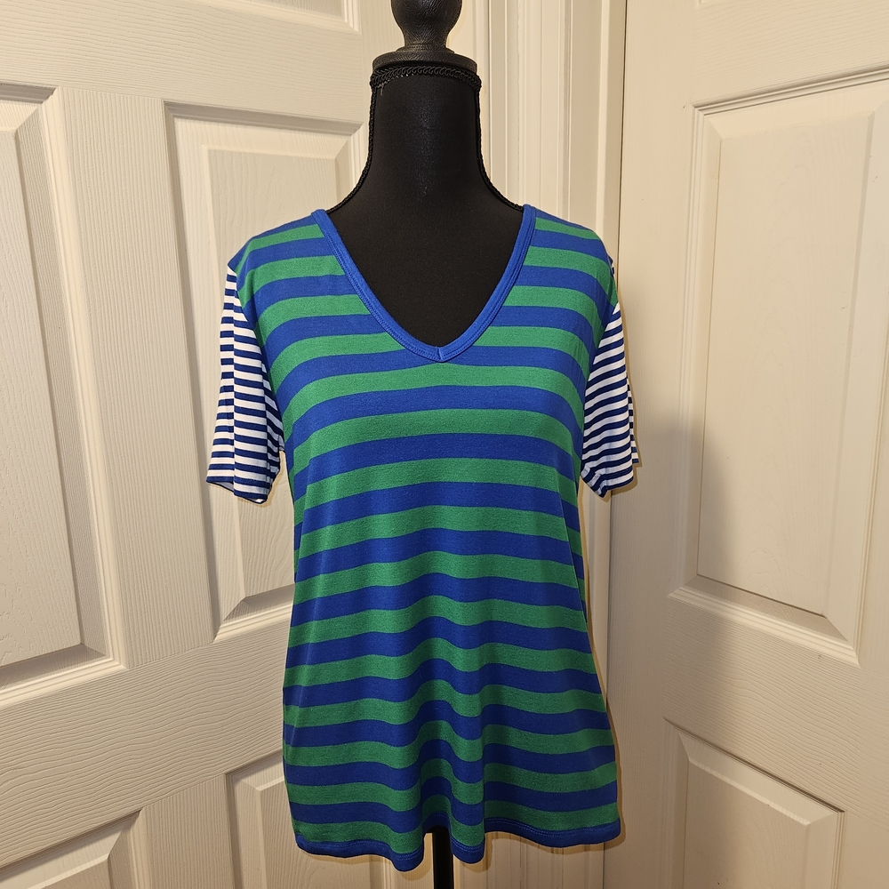 Michael Kors Women's Blue Green Striped Short Sleeve Sz Medium